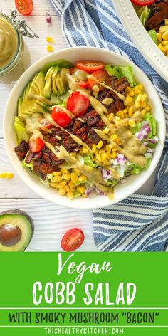 vegan cobb salad with smoky mushroom bacon and avocado dressing in a white bowl