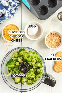 broccoli in a food processor labeled with ingredients to make an egg cheese sandwich