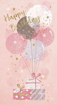 a pink birthday card with balloons, presents and stars in the sky on top of it