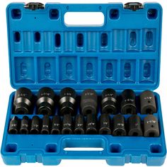 an assortment of sockets and sockets in a blue case