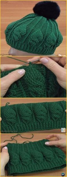 two pictures showing how to knit a green hat