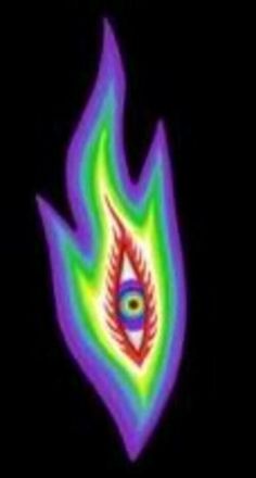 an eye is shown in the center of a fireball with blue and green flames