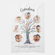 a white tea towel with a family tree on it and the words grandma written in different languages