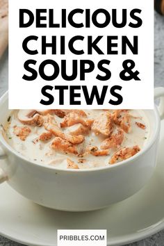 delicious chicken soup and stew recipe with text overlay that reads delicious chicken soup and stew