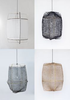 four different types of hanging objects in various shapes and sizes, each with a string attached to them