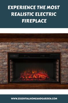 an electric fireplace with the words experience the most realistic electric fire place on it's side