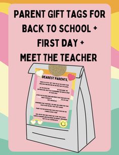 the back to school and first day meet the teacher gift tag is on top of a pink bag