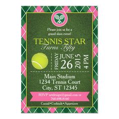 a tennis ball is on the green and pink argyle printable ticket for an event