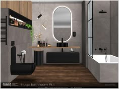 a bathroom with a sink, mirror and bathtub is shown in this 3d image