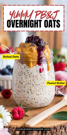 overnight oats in a jar with toppings labeled