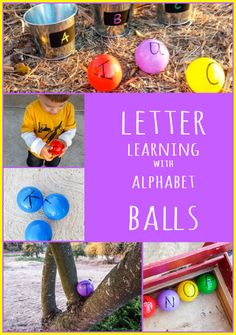 letter learning with alphabet balls and plastic cups for kids to play in the yard or on the lawn