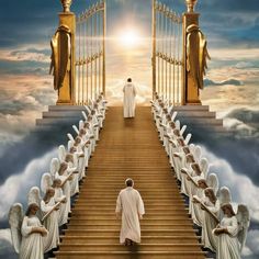 the stairway leading to heaven with angels on either side and one man standing at the end