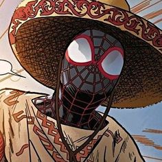 a man wearing a straw hat with a spider - man mask on