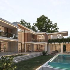 an artist's rendering of a modern house with swimming pool and garden area in the foreground