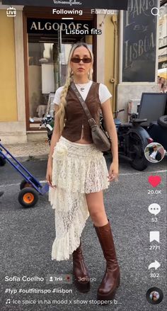 Waistcoat, boots, leather, high, skirt, ruffle, lace, y2k, summer, 2023 Bohemian Skirt Outfit, Ruffle Skirt Outfit, Waistcoat Outfit, High Skirt, Lace Y2k, Festival Outfits Rave, Skirt Ruffle, Tie Dye Fashion, Looks Country