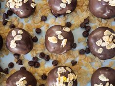 chocolate covered donuts with oats and raisins on top