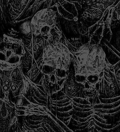 three skulls in black and white are surrounded by other demonic looking creatures, with their heads turned to the side