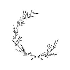 a black and white drawing of a wreath with leaves on it's sides, in the shape of a letter o