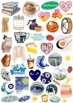 an assortment of stickers that include books, coffee cups and other things to eat