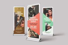 three roll up banners with different colors and sizes for photography services, one has a woman's face on it