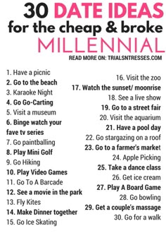 the 30 date ideas for the cheap and broke millinal info sheet is shown