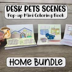 the desk pets scenes pop up mini coloring book is shown with handmade cards and markers