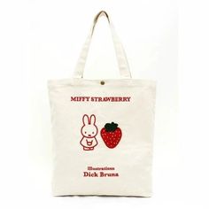 The Miffy Strawberry Tote Bag is crafted from cotton with vibrant embroidery graphics of the famous strawberry Miffy and has enough capacity to store all your daily essentials in one place. Perfect for the beach, shopping, or everyday use. - Color: Red or Blue- Material: Cotton- Interior and exterior slip pockets- Size: approx. 15.75" x 3.94" x 15.35". Strap drop approx. 8".- Official licensed Miffy product Miffy Tote Bag, Miffy Strawberry, Bags Tote, Graphic Tote Bag, Aesthetic Bag