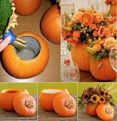 pumpkins and flowers are being made into vases