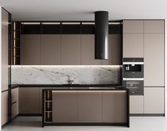 a modern kitchen with marble counter tops and cabinets