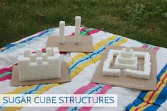 two sugar cube structures sitting on top of a blanket in the grass with text overlay that says sugar cube structures