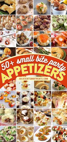 the cover of 50 small bite party appetizers is shown in many different pictures