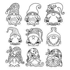 six gnomes with hats on their heads, one is drawn in black and white