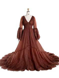 Boho Embroidery Lace Dress for Photo Shoot Brown Fall Wedding Dress, Brown Lace Dresses With Lace Trim, Long Lace Dress For Fall, Long Lace Fall Dress, Brown Lace Trim Dress For Fall, Brown V-neck Dress With Lace Trim, Dress Photography, Boho Embroidery, Performance Dresses