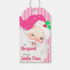 a christmas gift tag with a santa clause on it's front and the words, to recipient from santa claus