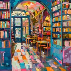 an oil painting of a library filled with books