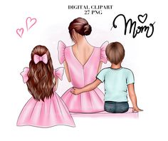 a mother and her two children sitting on a bench with the words digital clipart for mom