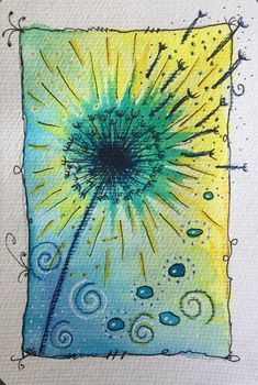 watercolor and ink drawing of a dandelion in blue, yellow and green