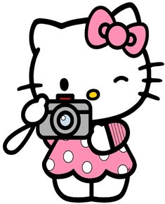 a hello kitty holding a camera and wearing a pink dress