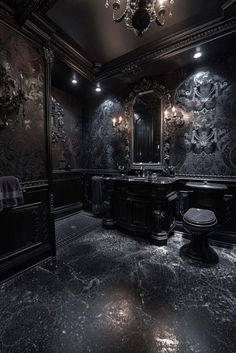 a fancy bathroom with black walls and marble floors