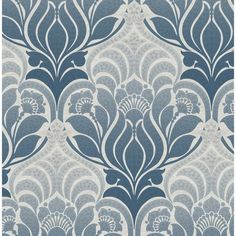 a blue and white wallpaper with an intricate design on the front, in shades of grey