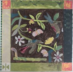 an abstract painting with flowers and leaves on a brown, green, white, and black background