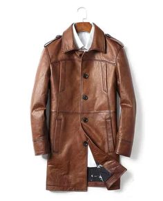 Genuine Sheepskin Men’s Mid-length Fashion Jacket Vintage Leather Coat, Designer Leather Jackets, Casual Leather Jacket, Over Coat, Rugged Design, Long Leather Coat, Sheepskin Jacket, Men's Leather Jacket, Long Trench