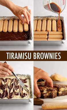 there are pictures of different types of brownies being cut and put in the pan