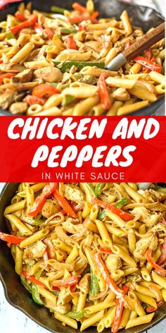 chicken and peppers in white sauce with the words chicken and peppers in red above it