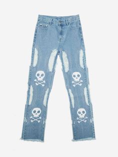 TALISHKO - Skull Embroidered Jeans Edgy Blue Cotton Jeans, Edgy Blue Bottoms For Streetwear, Blue Edgy Cotton Jeans, Streetwear Graphic Print Bottoms In Medium Wash, Medium Wash Graphic Print Jeans For Streetwear, Streetwear Graphic Print Medium Wash Jeans, Embroidered Cotton Jeans For Streetwear, Grunge Graphic Print Jeans For Streetwear, Denim Blue Jeans With Star Print For Streetwear