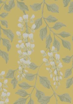 a yellow wallpaper with white flowers and leaves