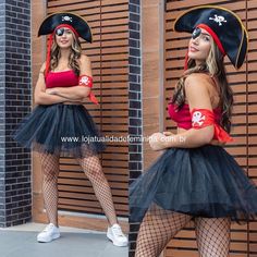 two women dressed up in pirate costumes posing for the camera with their hands on their hipss