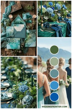 blue and green wedding color palettes for the bride's gown, flowers and candles