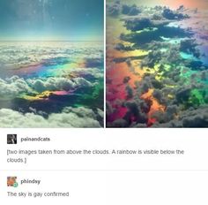 two images taken from above the clouds, rainbow is visible below them and the sky is confined