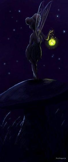 a little fairy standing on top of a rock at night with a lantern in her hand